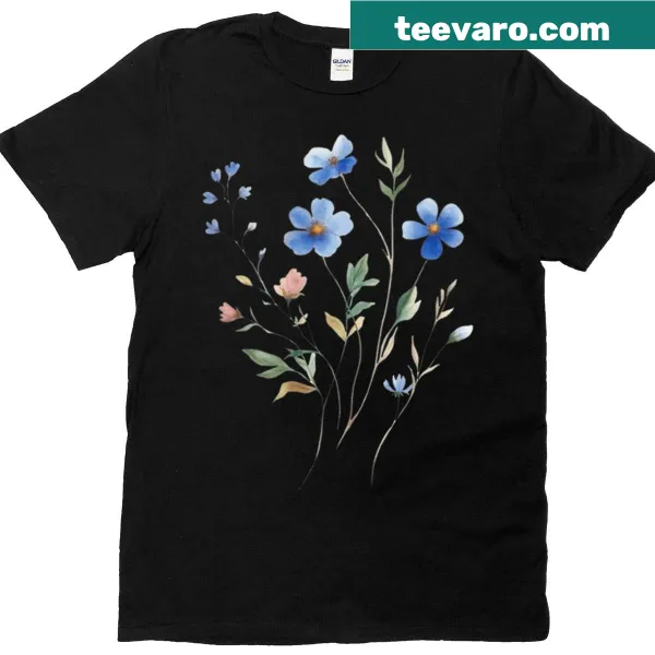 Watercolor t-shirt with blue flowers in a floral design