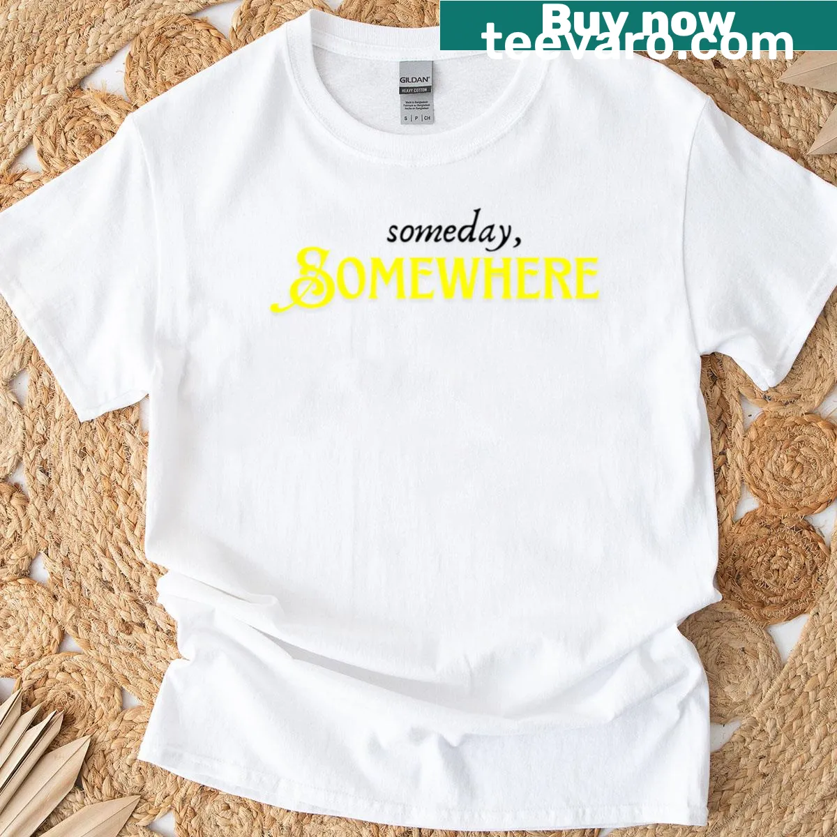 Oversized tee with 'Someday Somewhere' text and whimsical boa design — on a men's t-shirt