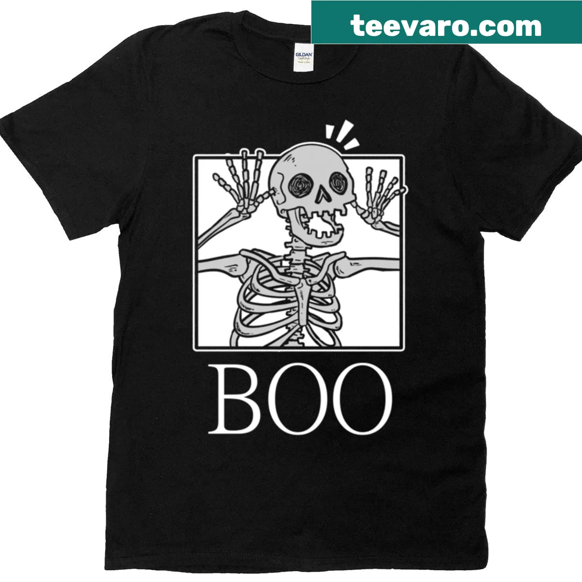 Playful skeleton graphic on a Halloween-themed t-shirt — on a men's t-shirt