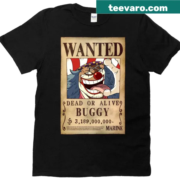 T-shirt with 'Buggy Latest Wanted' humorous text design