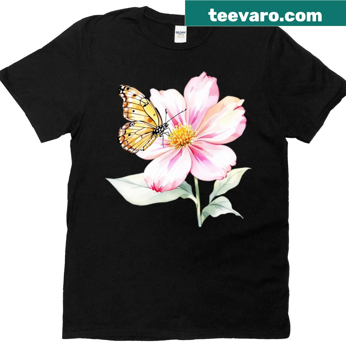 Watercolor T-shirt featuring butterflies and flowers design — on a men's t-shirt