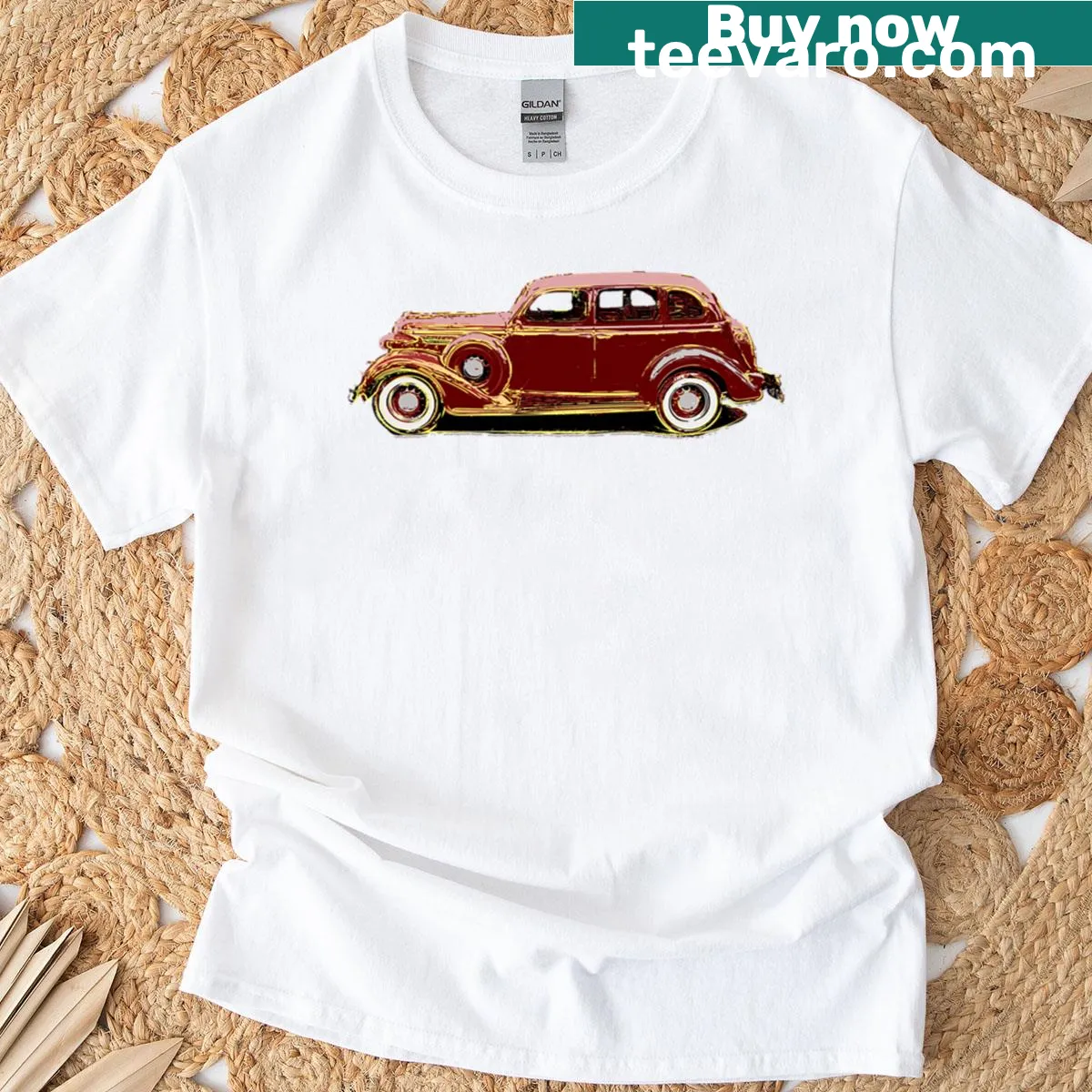 Cartoon-style Car T-shirt featuring a classic vehicle design — on a men's t-shirt