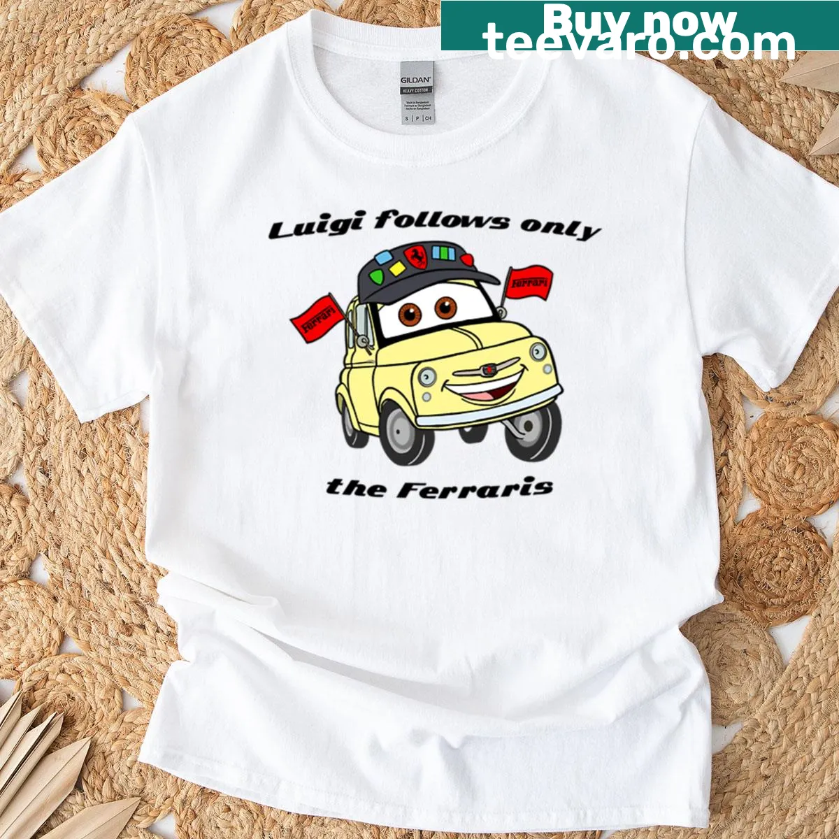 Cartoon-style Cars Luigi graphic on T-shirt — on a men's t-shirt