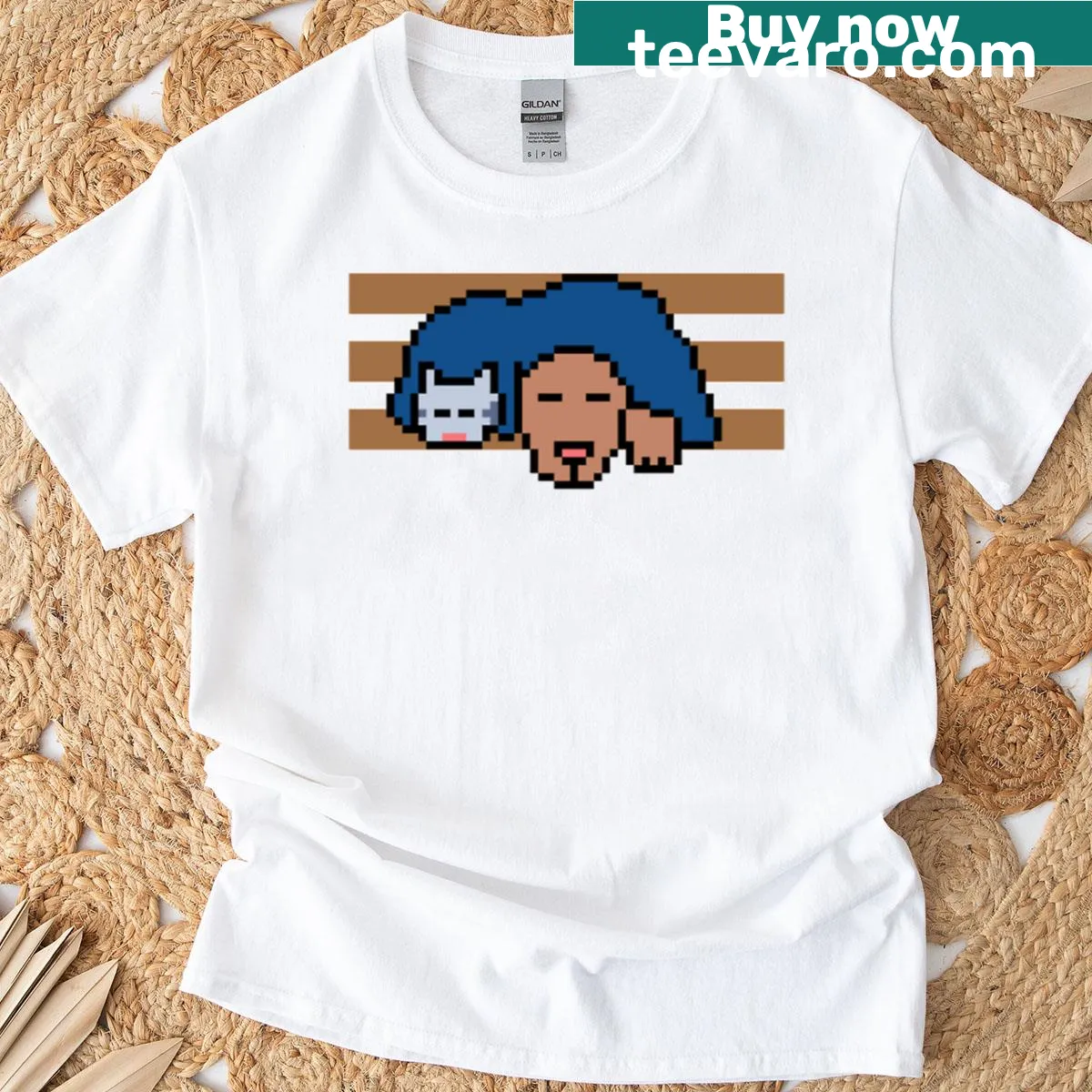 Cartoon T-shirt depicting a cat and a dog — on a men's t-shirt