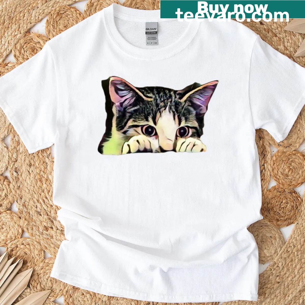 Whimsical T-shirt design with a hidden cat illustration — on a men's t-shirt