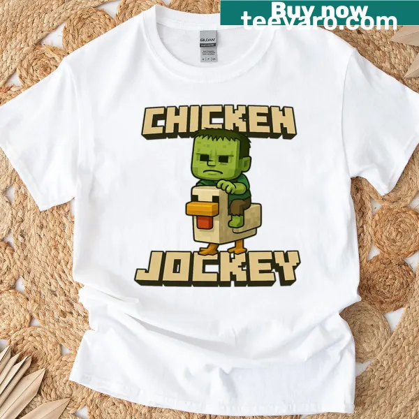 Funny Chicken Jockey t-shirt with a cartoon chicken riding a saddle.