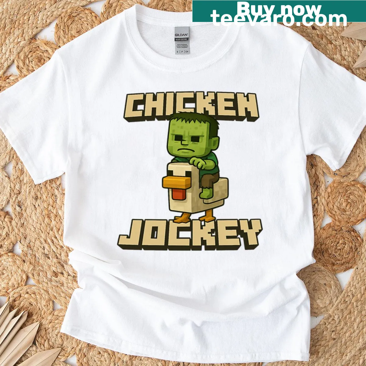 Funny Chicken Jockey t-shirt with a cartoon chicken riding a saddle. — on a men's t-shirt