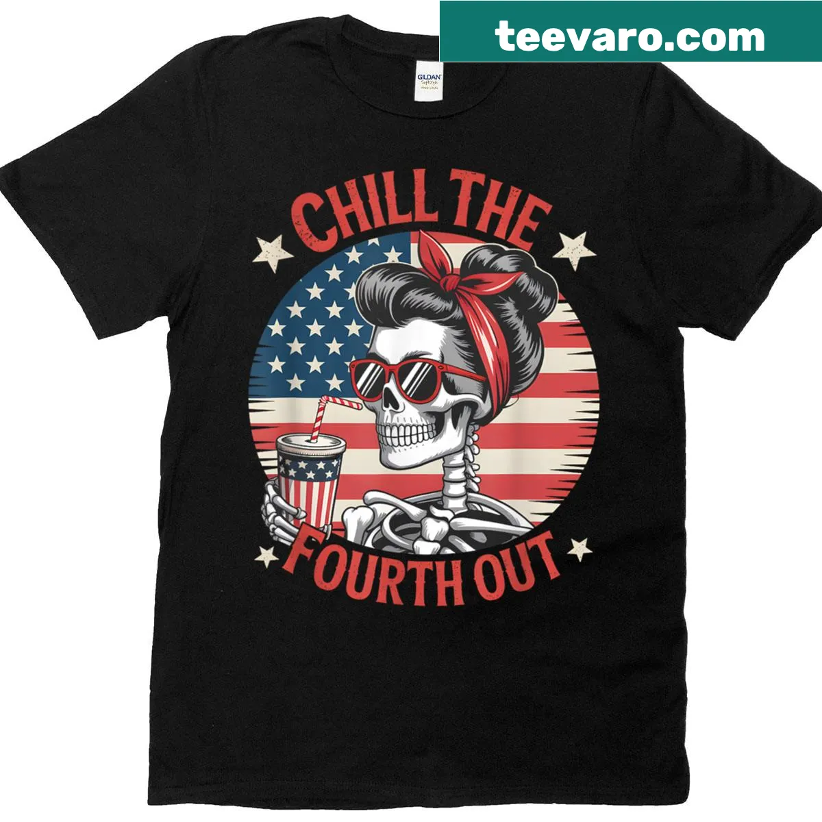 Funny skeleton graphic for Fourth of July T-shirt — on a men's t-shirt