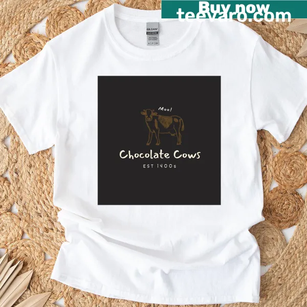 Whimsical Chocolate Cows graphic on T-shirt