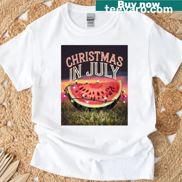 Playful T-shirt featuring festive melons with lights for Christmas in July