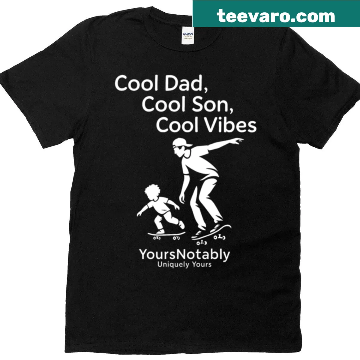 Oversized t-shirt with a white silhouette of a dad and son skateboarding — on a men's t-shirt