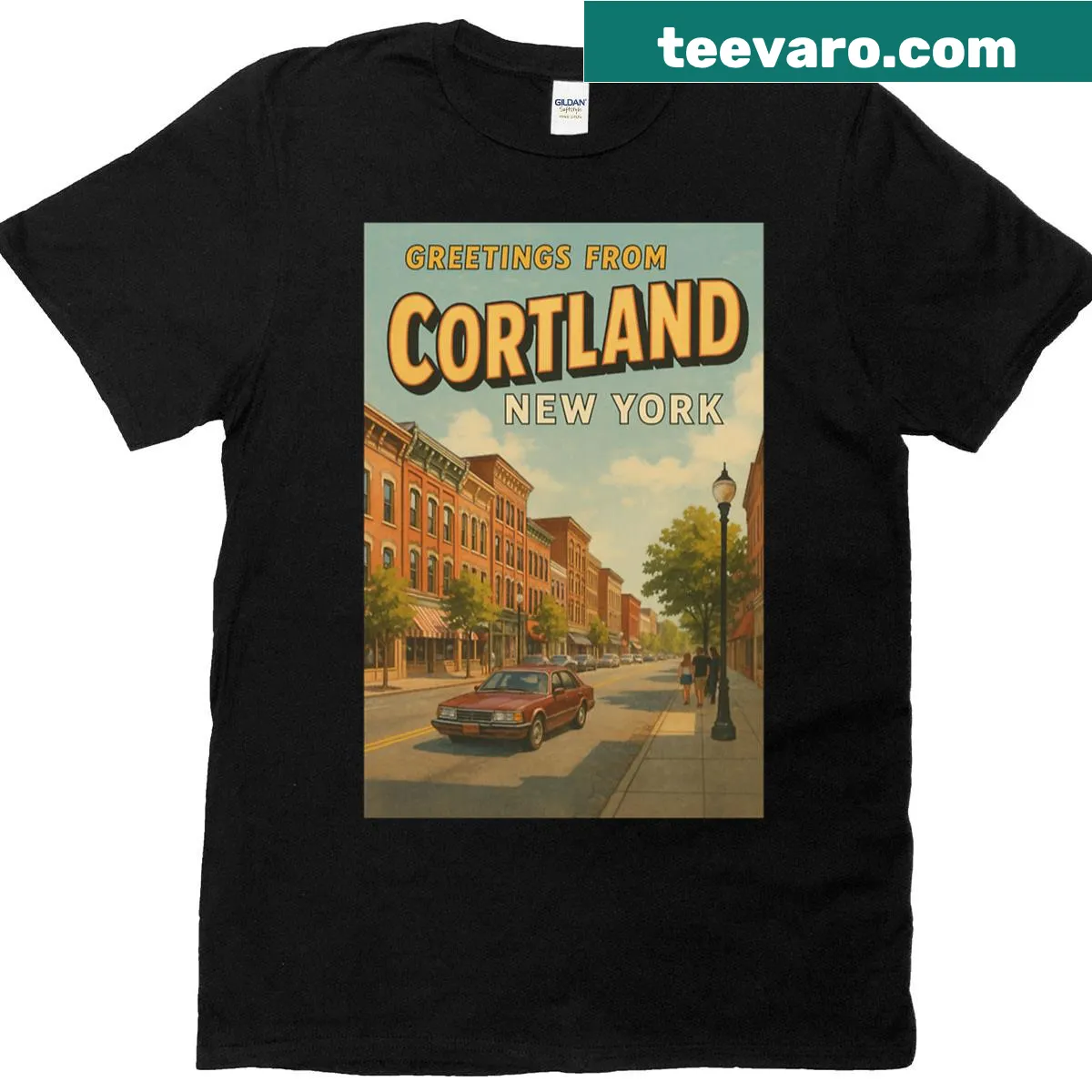 Illustration of Cortland, New York's streetscape on a T-shirt — on a men's t-shirt