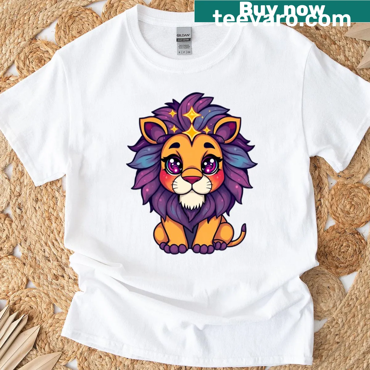 Cosmic lion with starry mane and galaxy eyes illustrated on a T-shirt — on a men's t-shirt