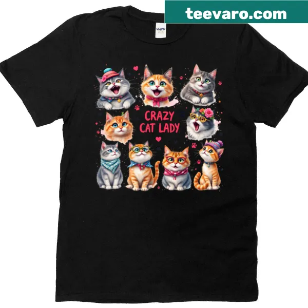 Cartoon graphic of a cat lady with multiple cats on a t-shirt.