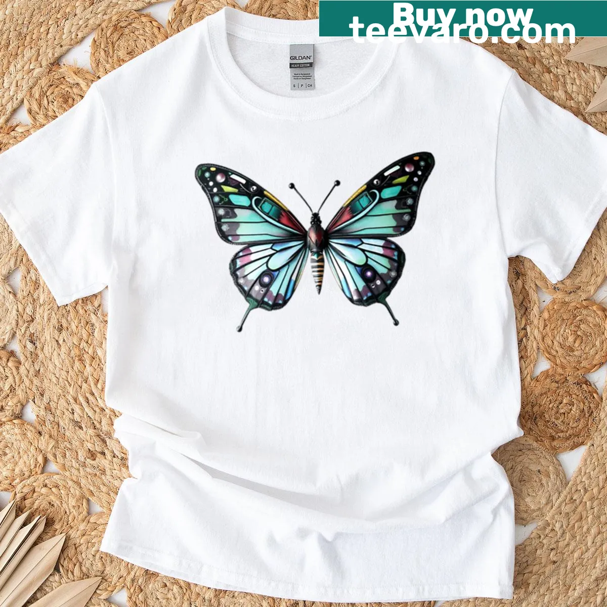 Cartoon butterfly graphic on oversized T-shirt — on a men's t-shirt