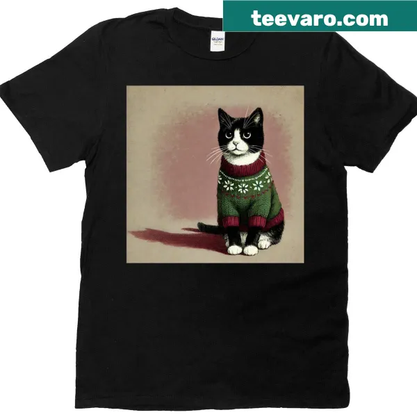 Festive T-shirt featuring a cute tuxedo cat with holiday elements