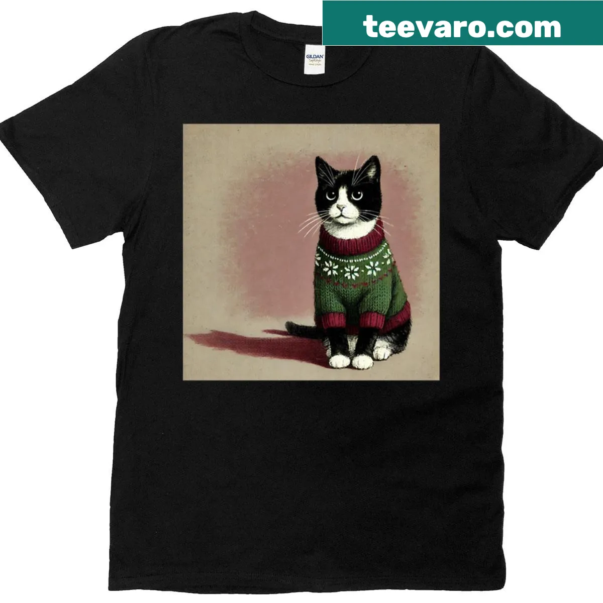 Festive T-shirt featuring a cute tuxedo cat with holiday elements — on a men's t-shirt