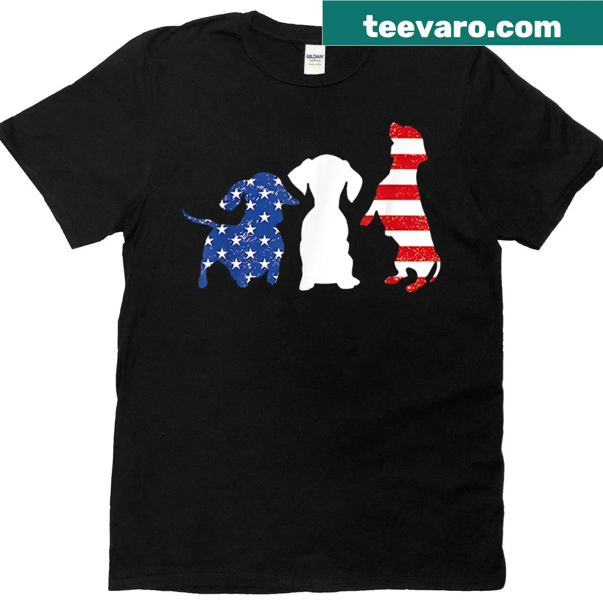 Dachshund T-shirt with patriotic Fourth of July design — on a men's t-shirt