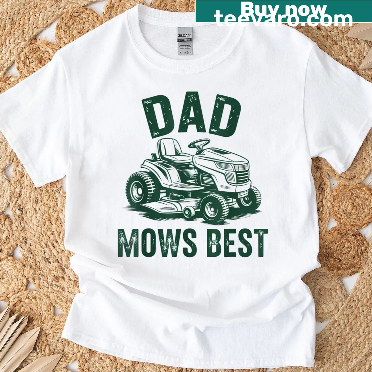 Funny garden-themed Dad Mows Best T-shirt with retro text — on a men's t-shirt