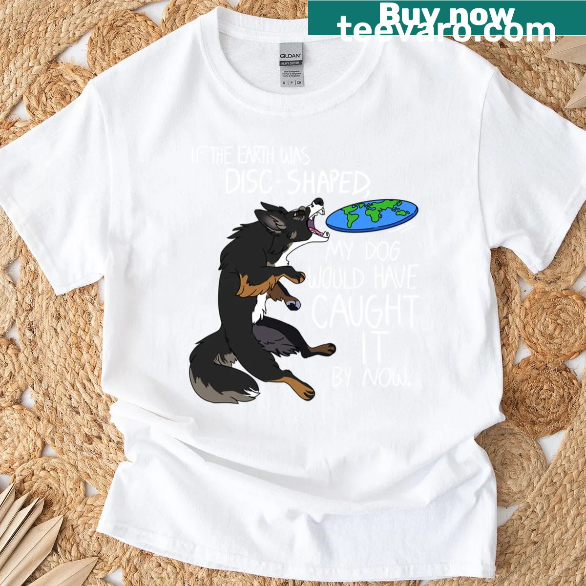 Disc dog graphic T-shirt with playful dog illustration and text — on a men's t-shirt