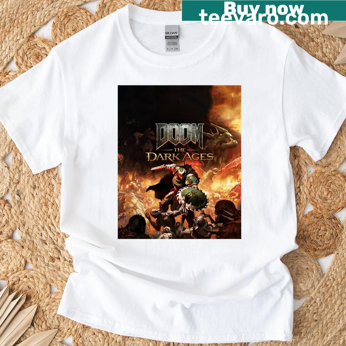 Doom video game graphic inspired by the Dark Ages — on a men's t-shirt