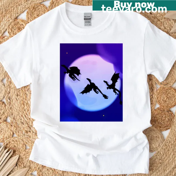 Illustration of dragons flying in the moonlight on T-shirt