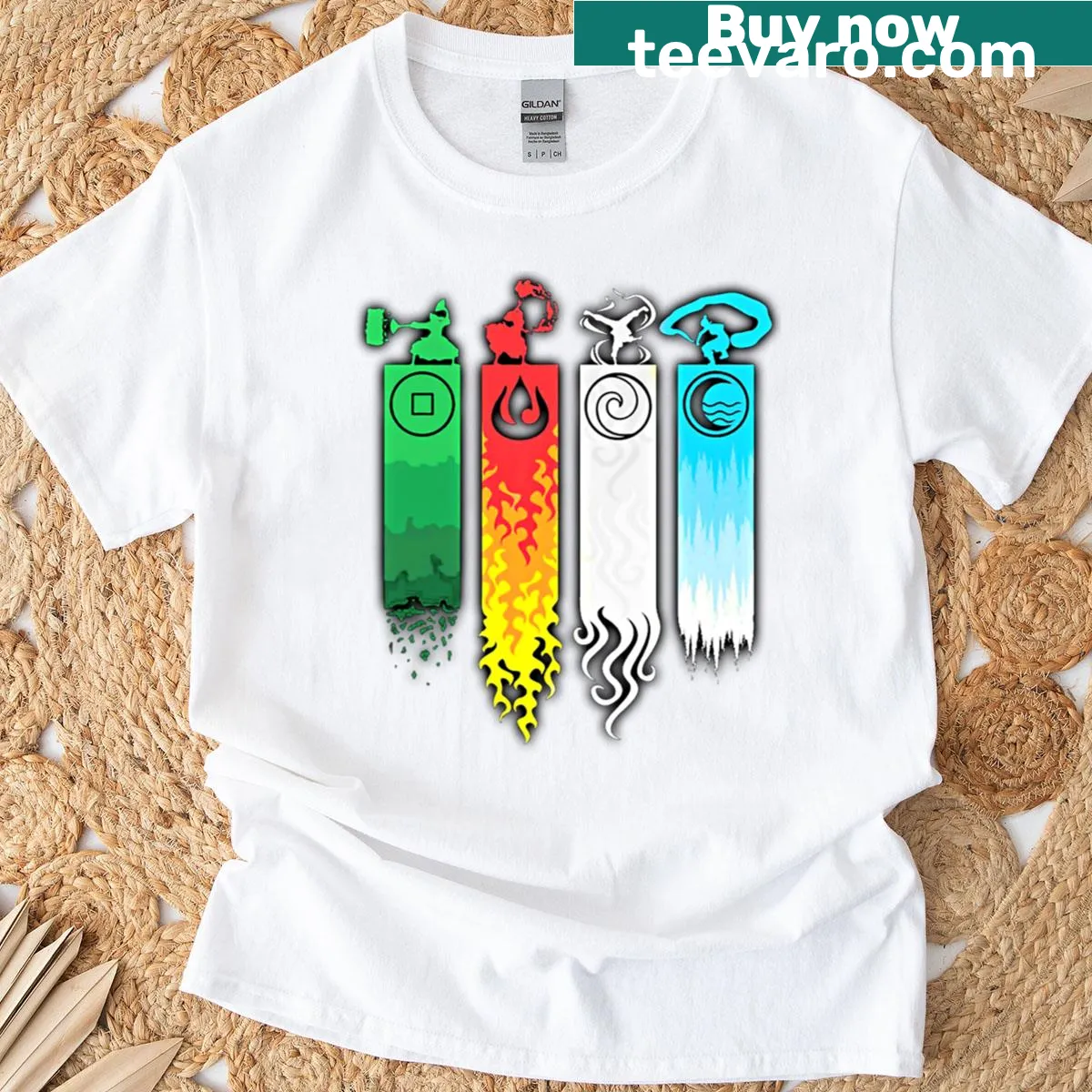 Avatar-inspired T-shirt with elemental bending symbols — on a men's t-shirt