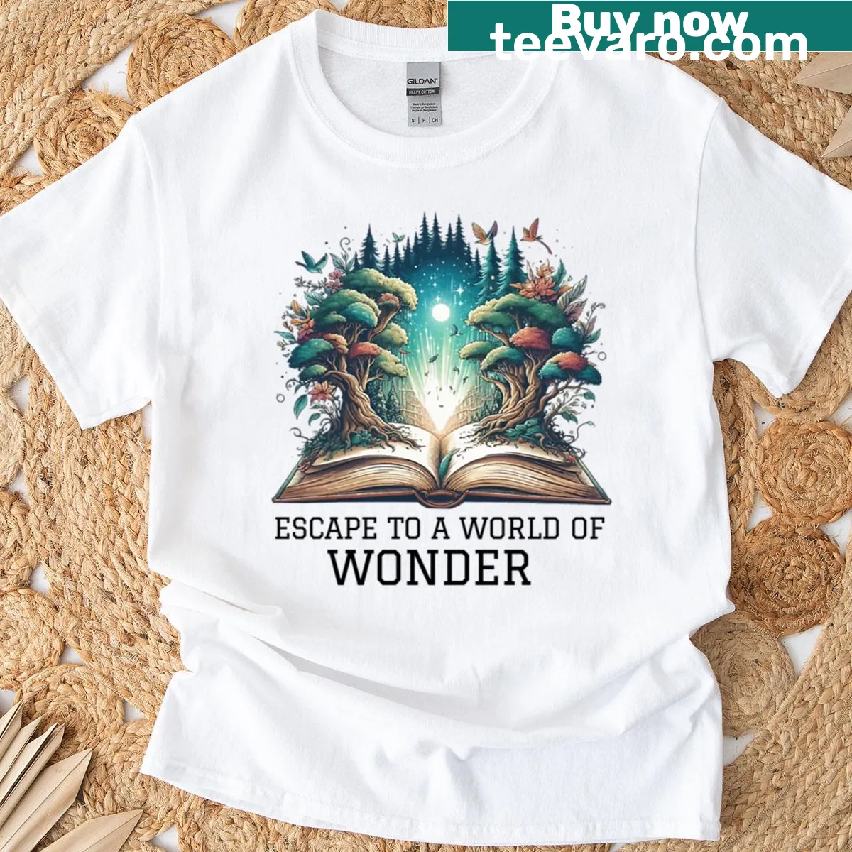 Book-themed T-shirt inviting escape through reading — on a men's t-shirt
