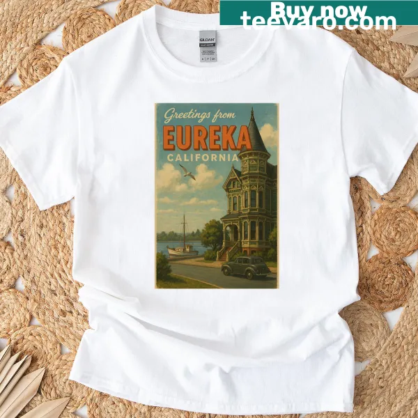 Oversized t-shirt featuring an illustrated waterfront view of Eureka California