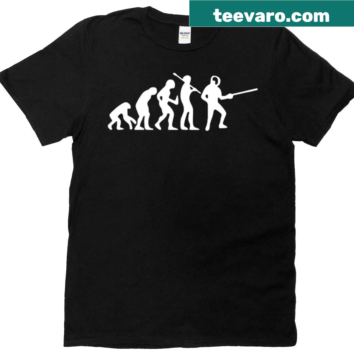 Funny T-shirt illustrating the evolution of fencing — on a men's t-shirt