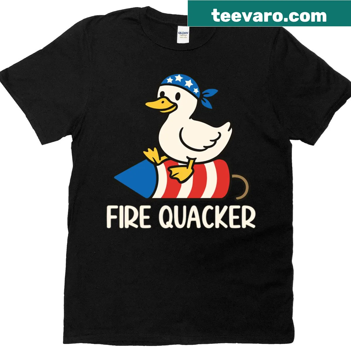 Cartoon duck in patriotic attire for July 4th on a t-shirt. — on a men's t-shirt