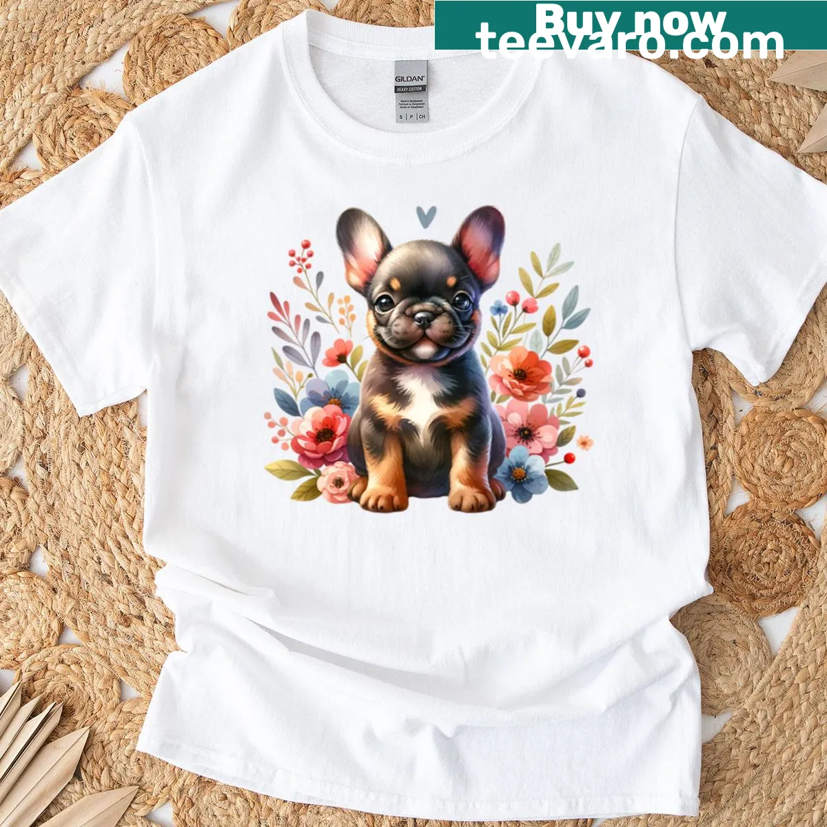 Cute French Bulldog surrounded by flowers on a T-shirt — on a men's t-shirt