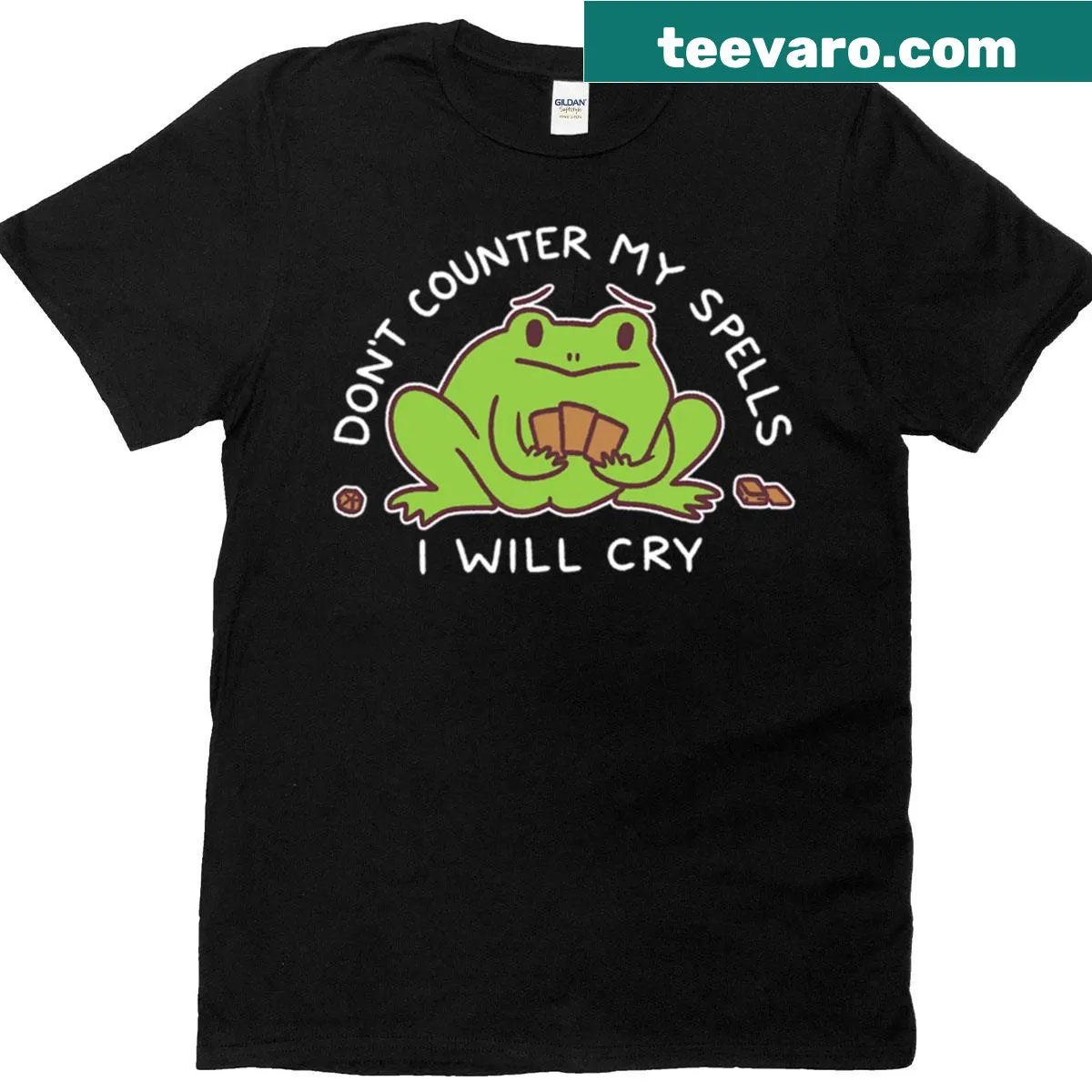 Amusing frog graphic about trading card games on a t-shirt — on a men's t-shirt