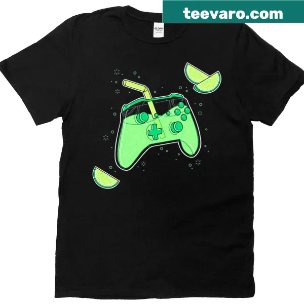 T-shirt featuring a playful video game controller graphic with energy drink elements