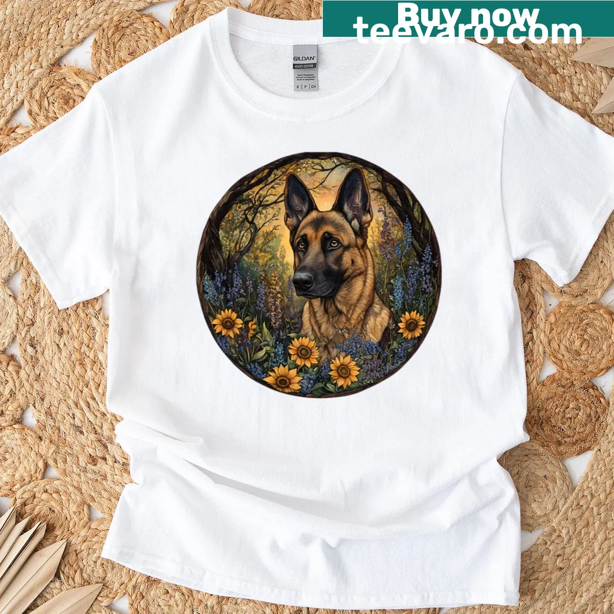 German Shepherd dog illustration with wildflowers on a t-shirt — on a men's t-shirt
