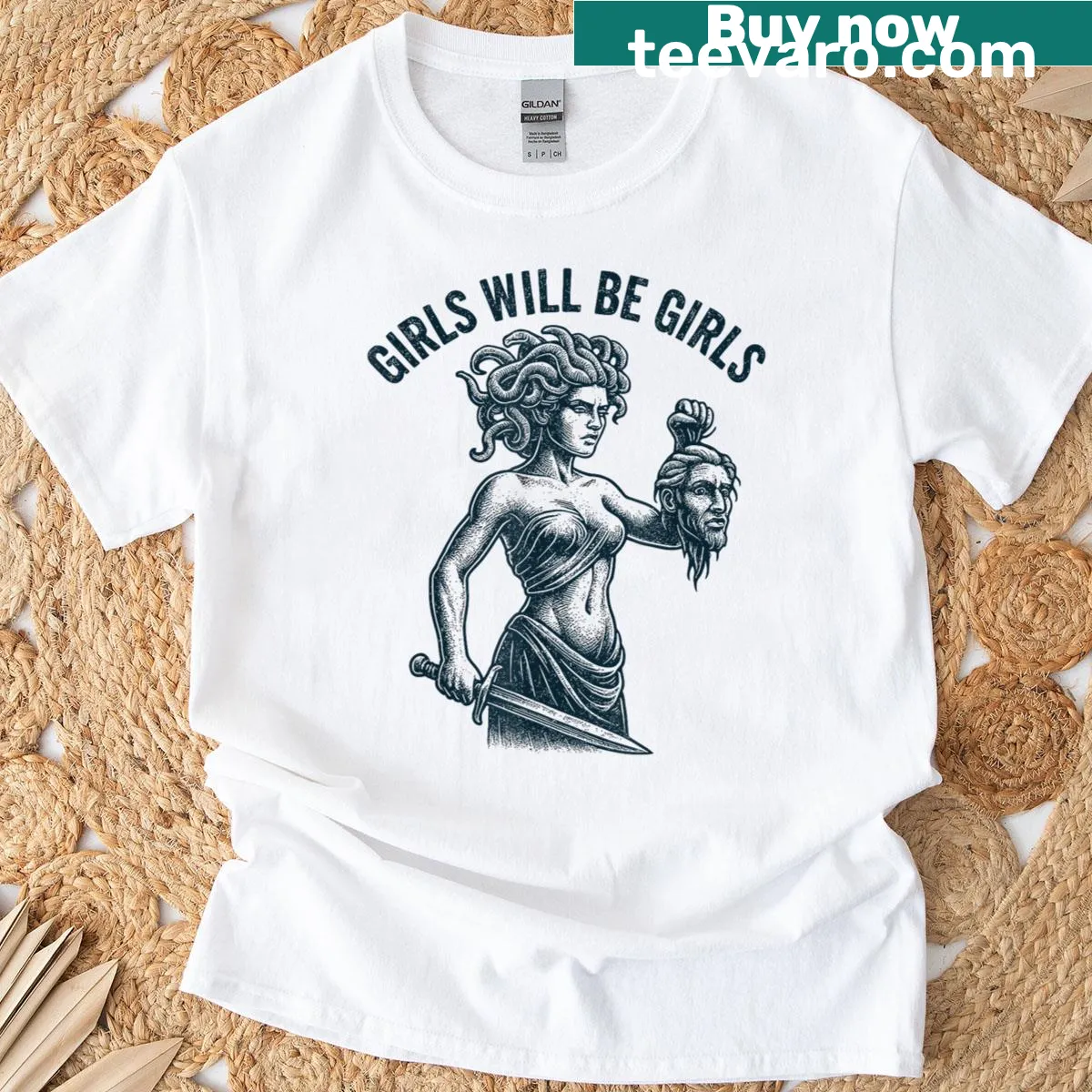 Feminist tee featuring Medusa design and 'Girl Will Be Girls' text — on a men's t-shirt