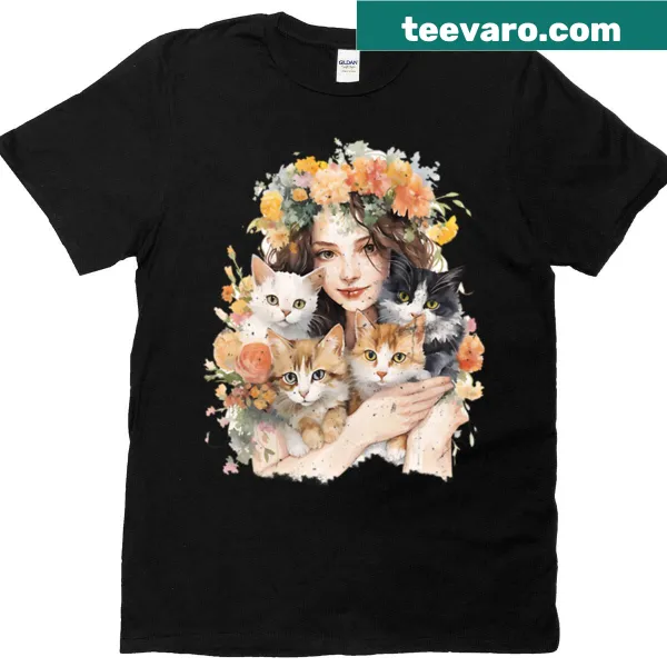 Charming T-shirt featuring a girl with playful cats illustration