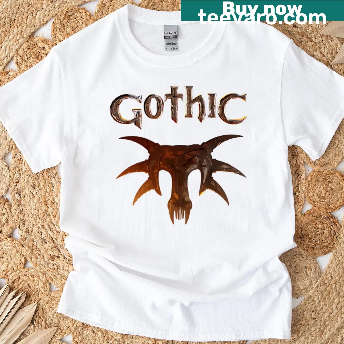 Gothic T-shirt featuring bold logo design — on a men's t-shirt