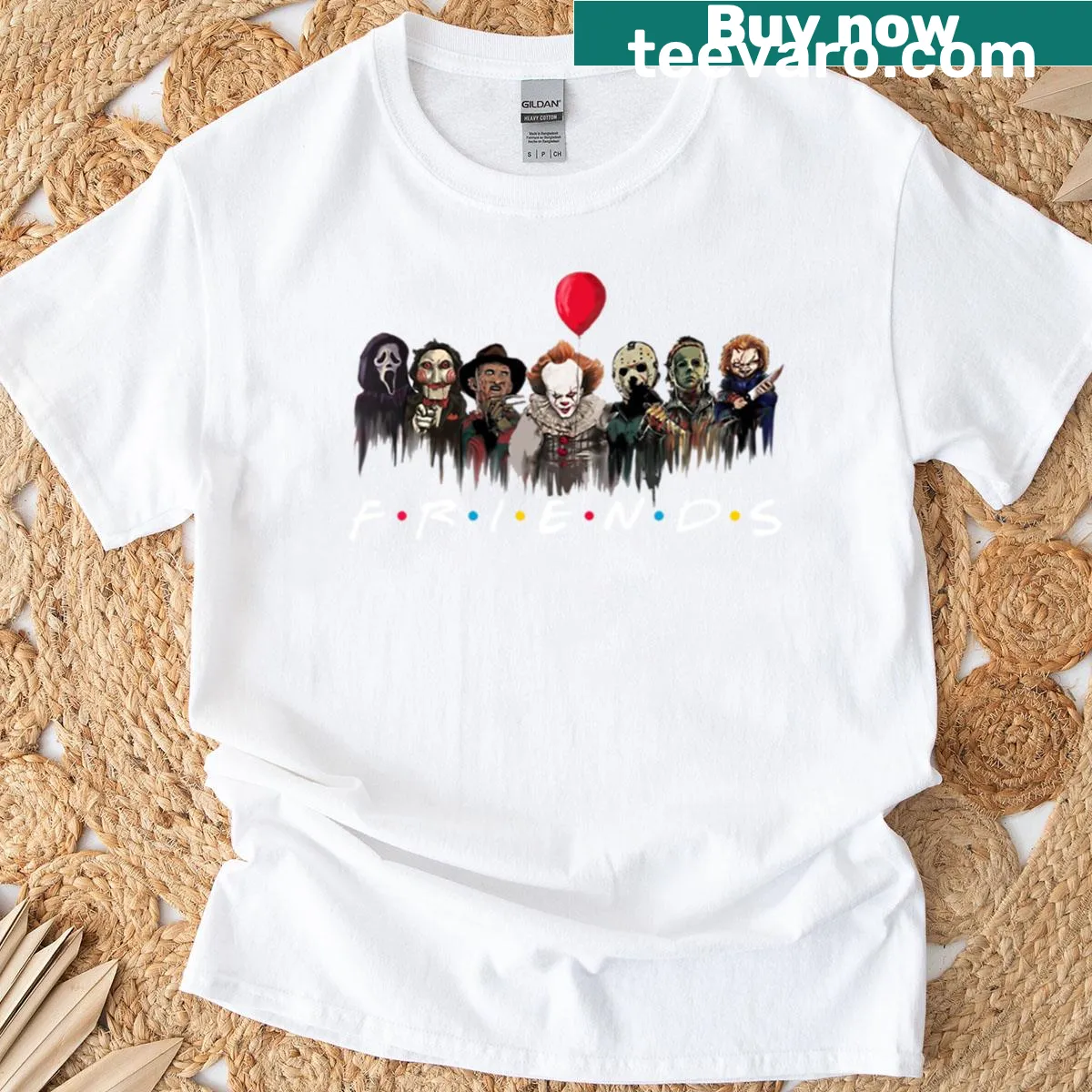 T-shirt featuring horror movie killers graphic illustration — on a men's t-shirt