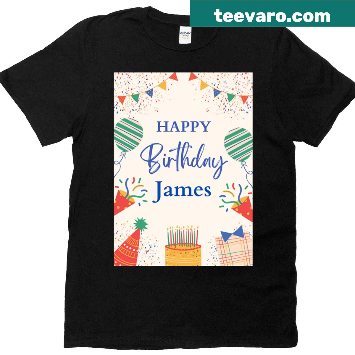 Birthday t-shirt for James with cheerful design — on a men's t-shirt