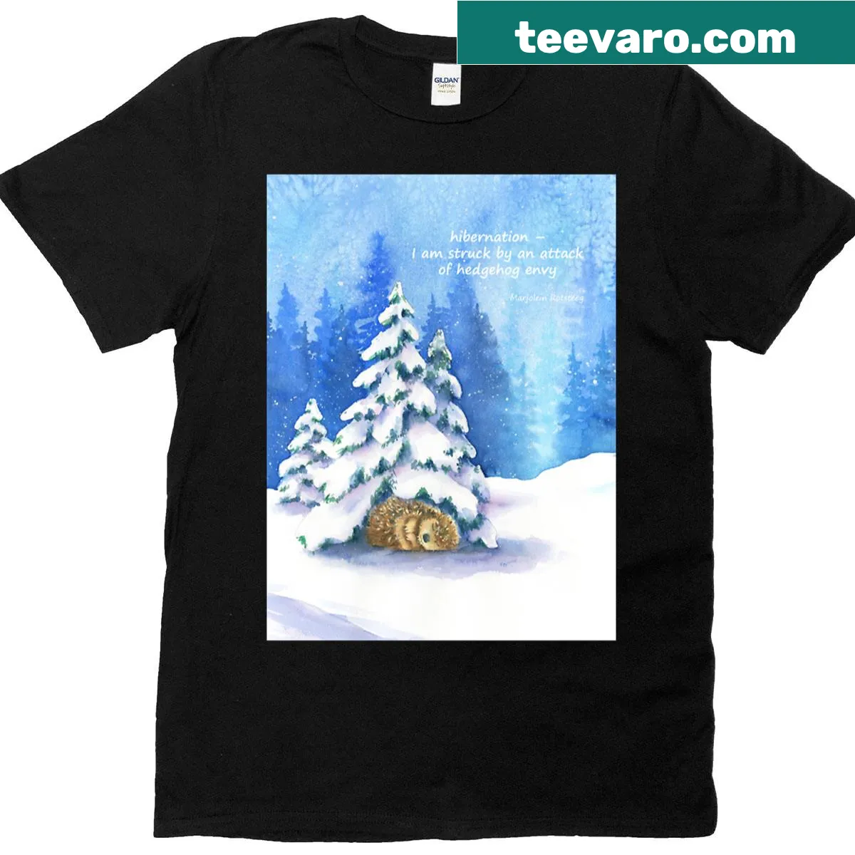 Watercolor hedgehog design with a haiku about hibernation. — on a men's t-shirt