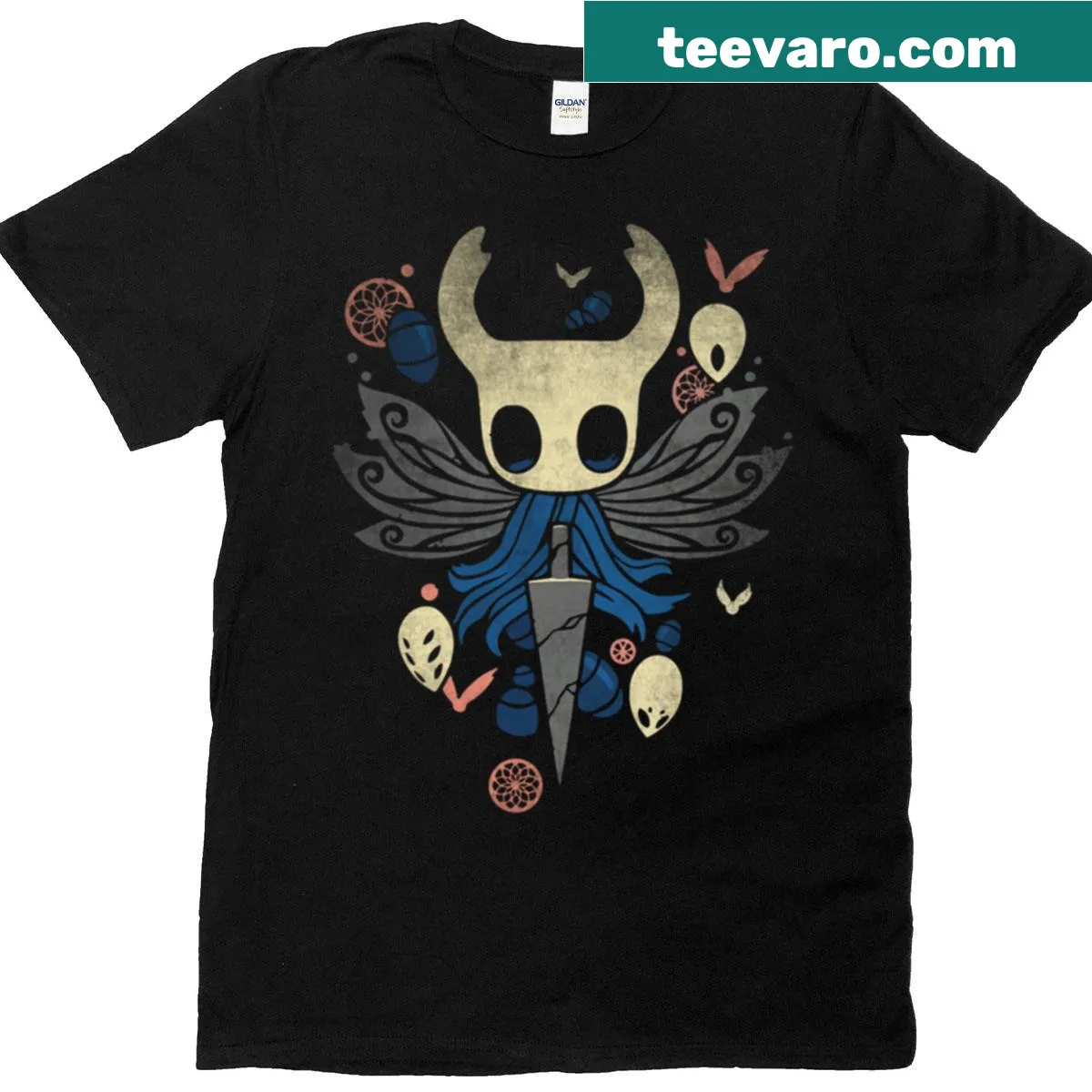 Illustration of The Knight character from Hollow Knight on a T-shirt — on a men's t-shirt