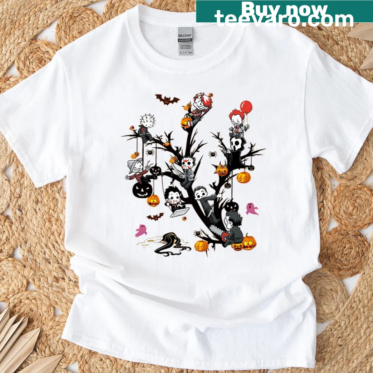 Halloween tree adorned with cartoon horror characters on a T-shirt — on a men's t-shirt