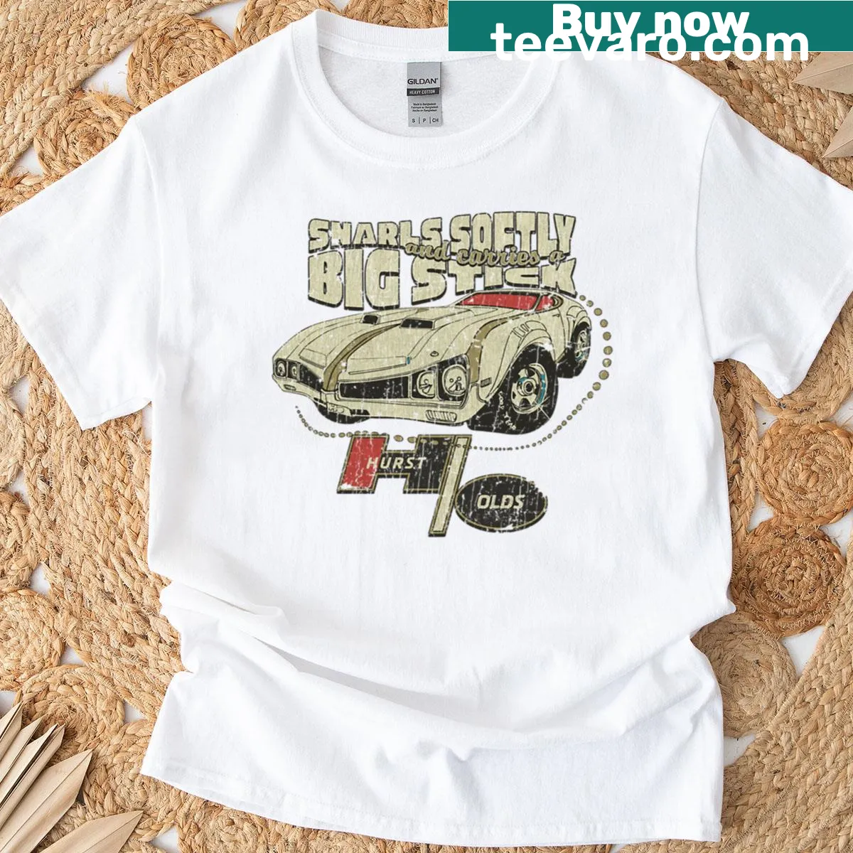 Vintage-style Hurst Olds Big Stick 1969 graphic t-shirt — on a men's t-shirt
