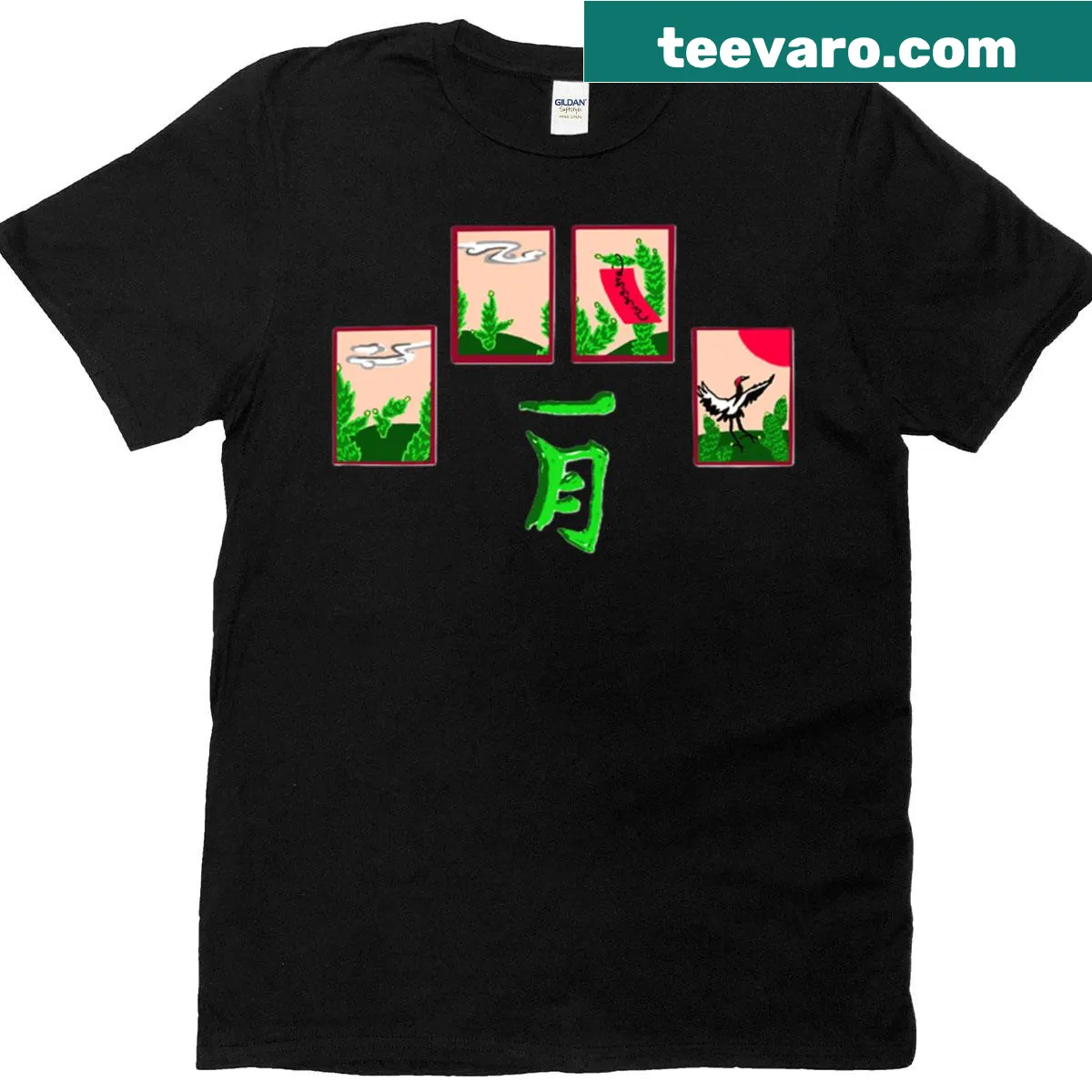 Ichi Gatsu Hanafuda T-shirt featuring traditional Japanese card game imagery — on a men's t-shirt