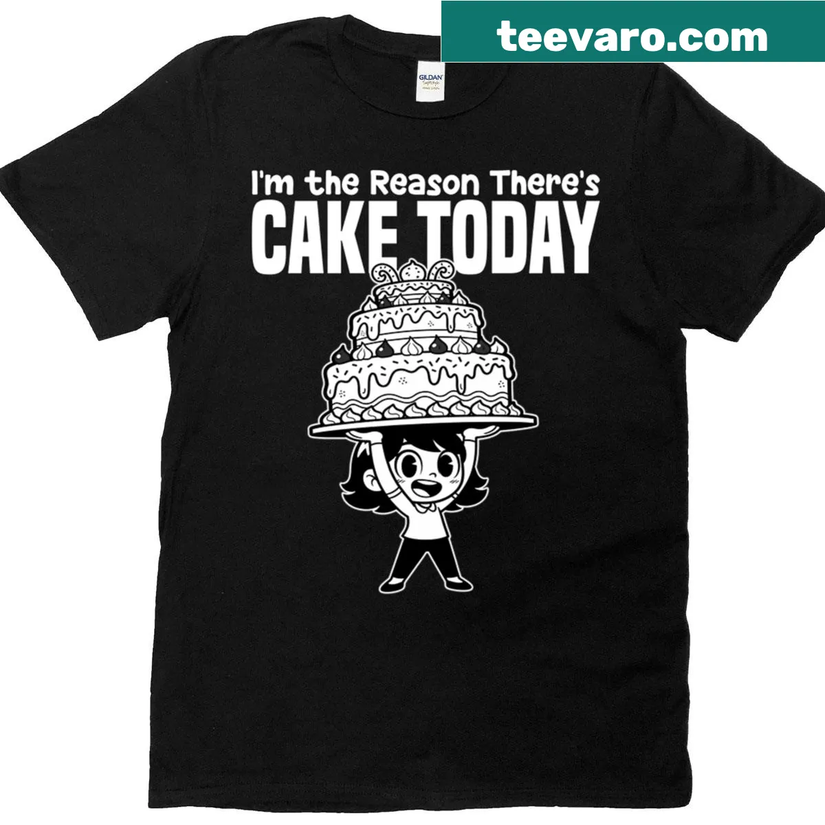 Funny oversized birthday t-shirt with cake statement. — on a men's t-shirt