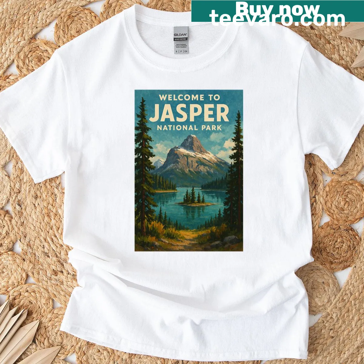 Illustration of Spirit Island on a lake in Jasper, Alberta T-shirt — on a men's t-shirt