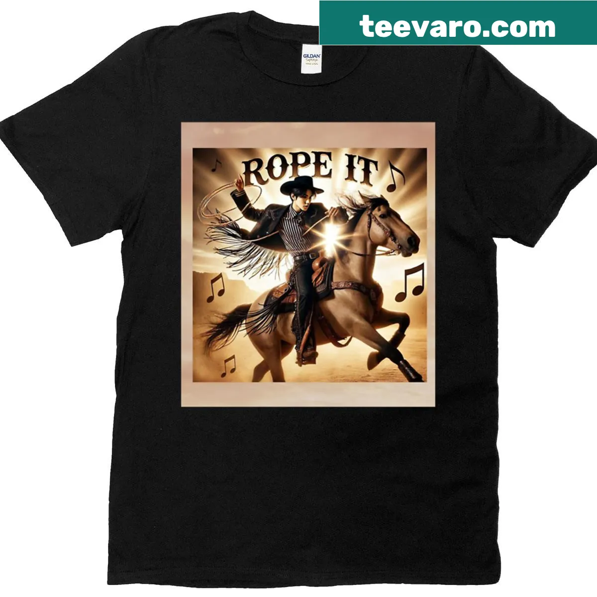 Jin Rope It T-shirt featuring playful adventure-themed illustration. — on a men's t-shirt
