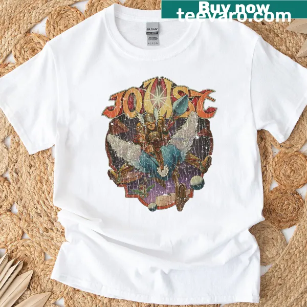Vintage-distressed T-shirt featuring arcade-style graphic from Joust Attack