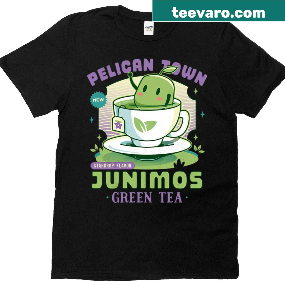 Illustrative T-shirt featuring Junimos and green tea theme. — on a men's t-shirt